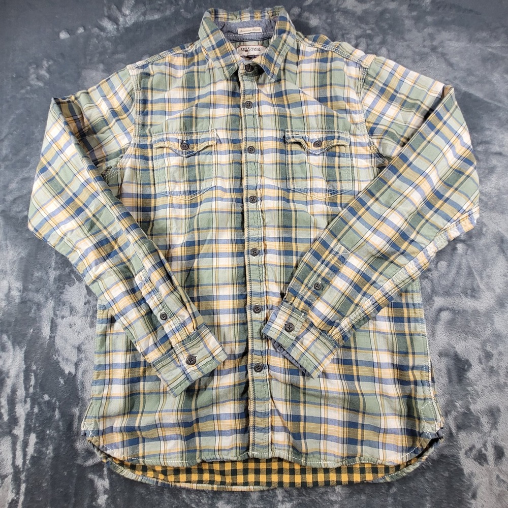 VTG Hilfiger Denim Mens Plaid Button Down Shirt Green Blue Yellow Cotton Size M